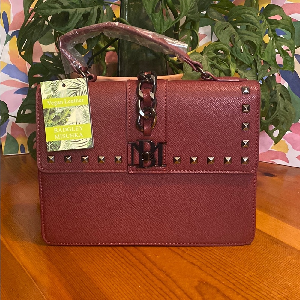 Badgley Mischka Wine Crossbody Satchel with Studded Details